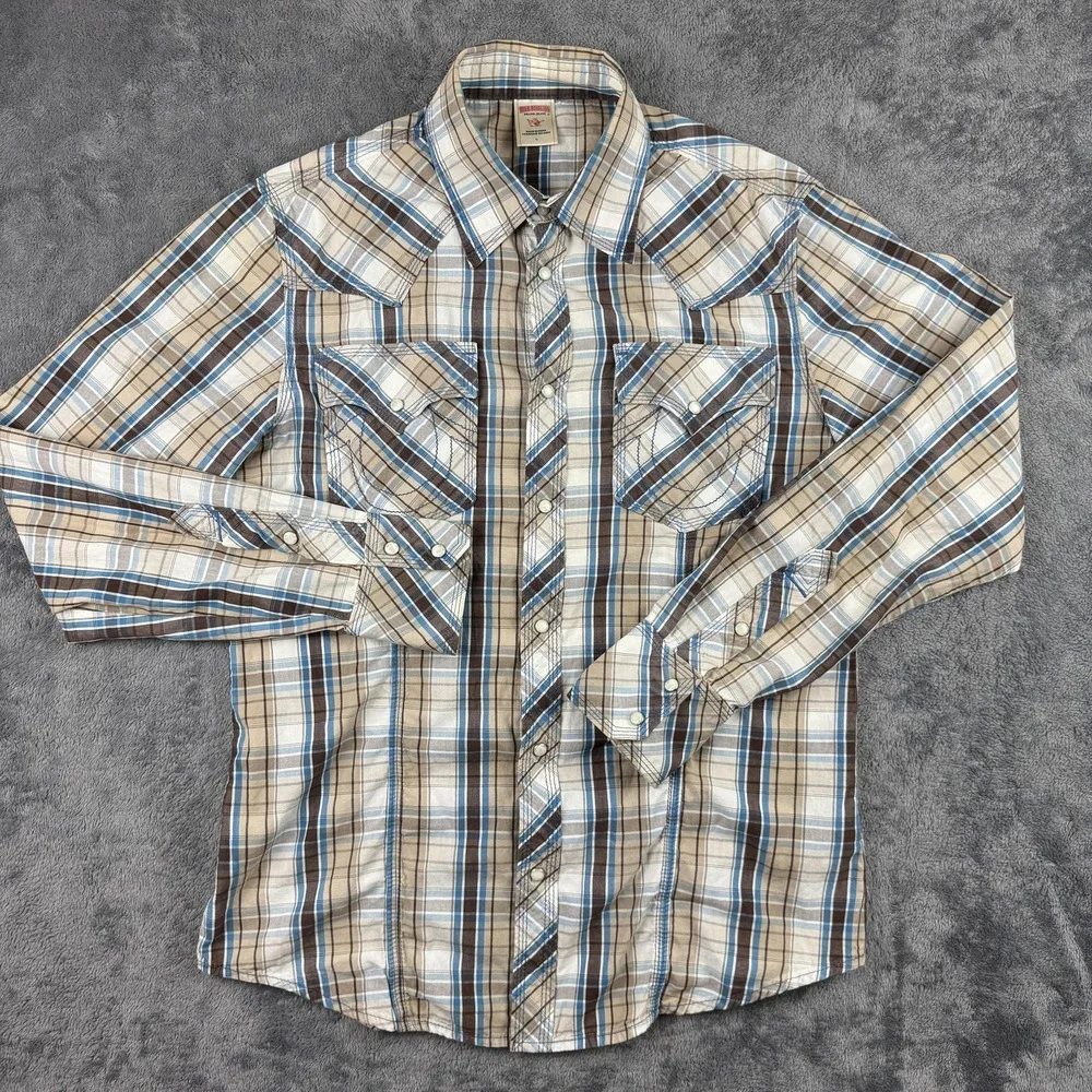 True Religion‎ Shirt Mens Large Brown Blue Plaid Western Pearl Snap Long Sleeve